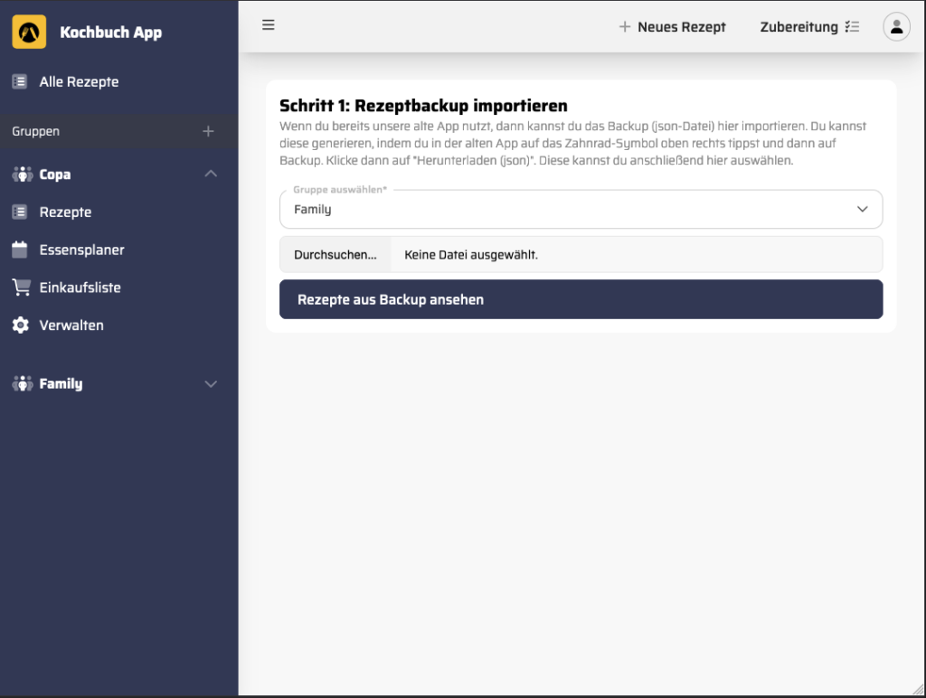 Die Datei, die du vorhin heruntergeladen hast (*.json) wählst du aus und tippst auf den Button "Rezepte aus Backup importieren"