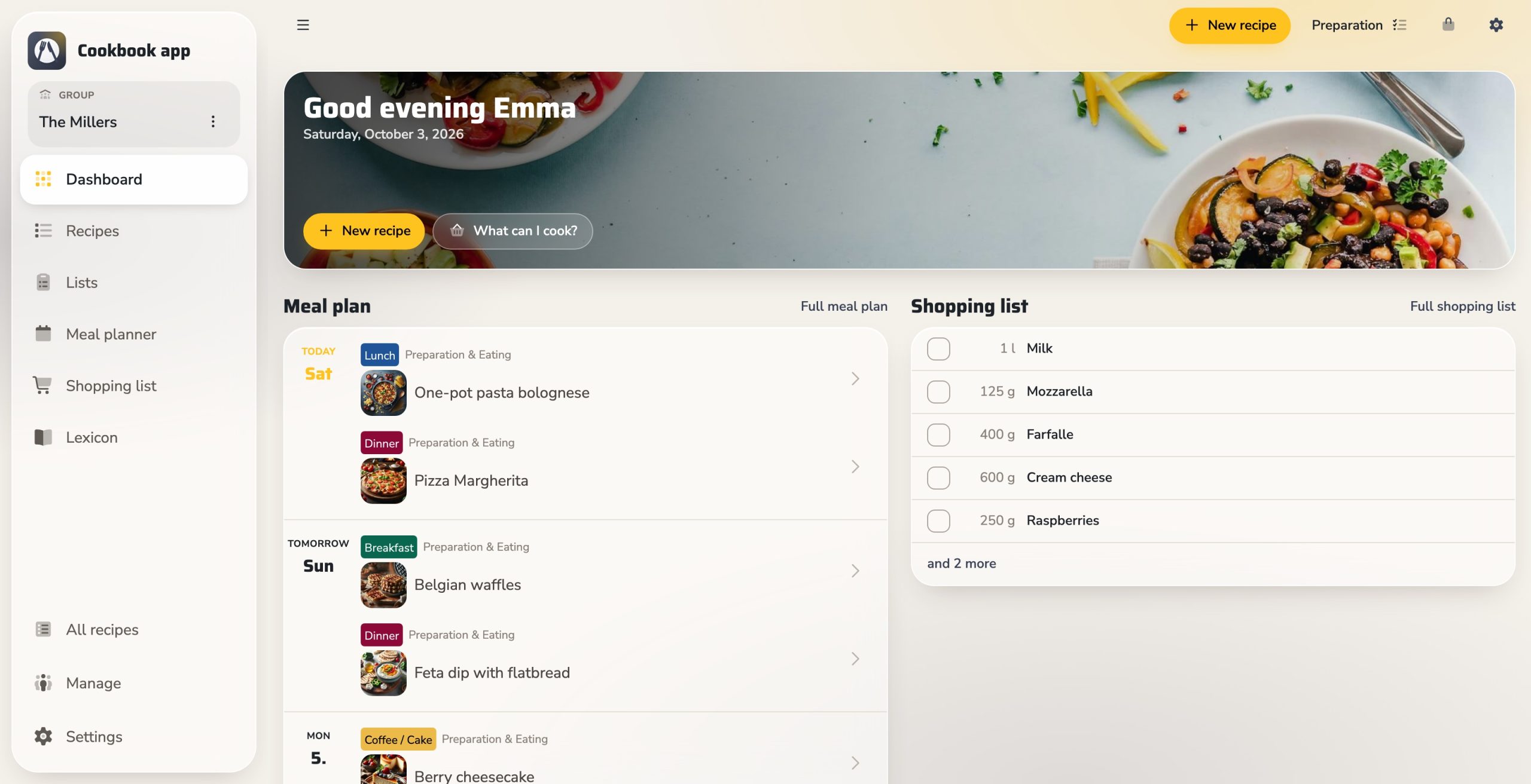 Cookbook App dashboard with meal plan and shopping list